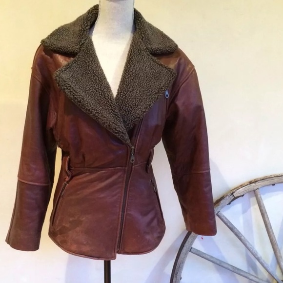 HURRICANE COLLECTION Gray Shearling & Brown Glove Soft Genuine Leather Jacket - Picture 2 of 11